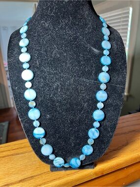 Vintage Hand knotted pale blue abalone/MOP disk necklace. 30” with 2” ext